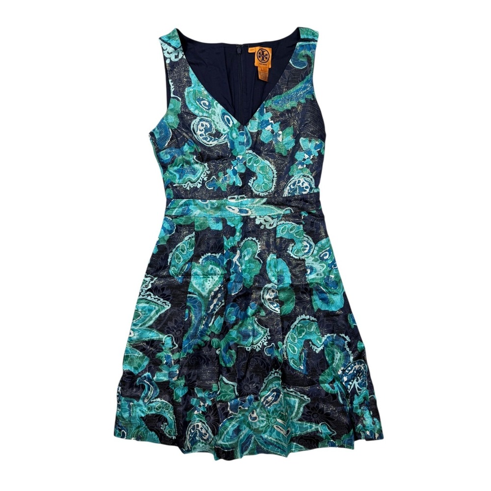 Tory Burch Women's Black Green Silk Blend Sleeveless Pleated Midi Dress Sz 2